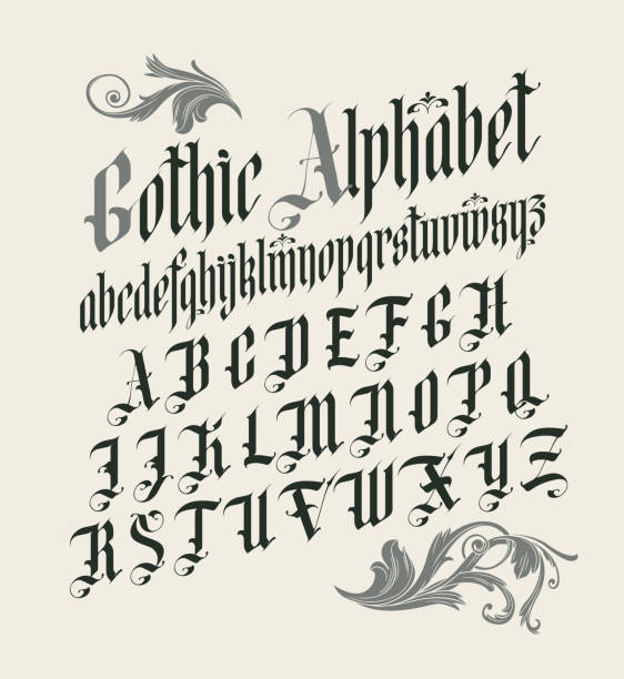 ilustraciones, imágenes clip art, dibujos animados e iconos de stock de fuente gótica. conjunto completo de letras del alfabeto inglés - gothic style