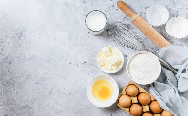 bakery background. bake ingredient for recipe easter cake or dessert, pie. - paastaart stockfoto's en -beelden