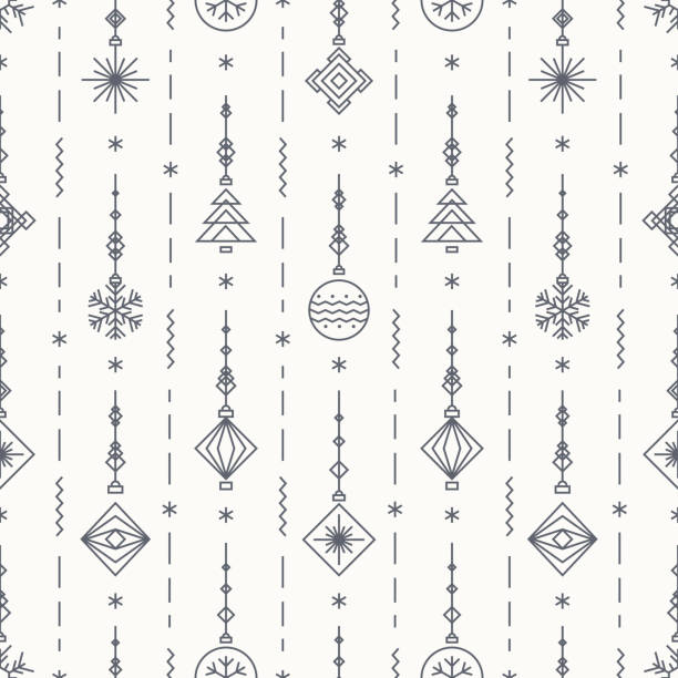 Christmas pattern with new years toy consisting of christmas tree, ball, snowflake art deco line style for poster, sale, greeting cards, product promotion, web design, decoration. Vector Illustration