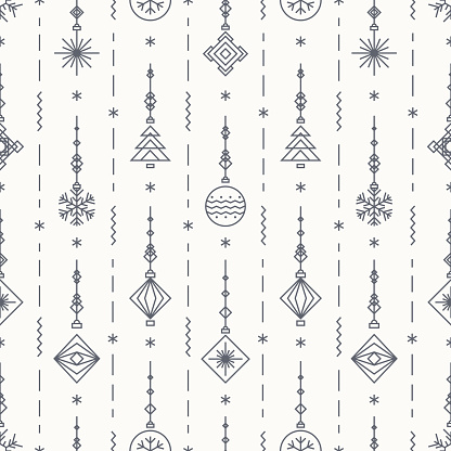 Christmas pattern with new years toy consisting of christmas tree, ball, snowflake art deco line style for poster, sale, greeting cards, product promotion, web design, decoration. Vector Illustration