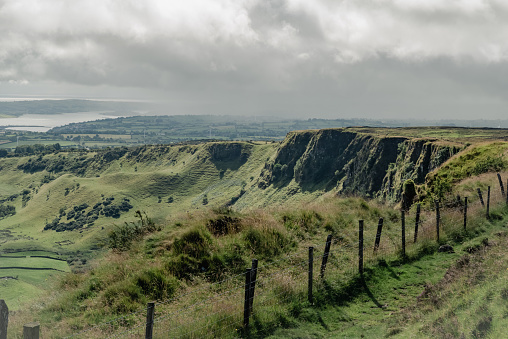 View from the vantage of the southern escarpment of the Antrim plateau towards Larne, its port and Islandmagee, Northern Ireland.