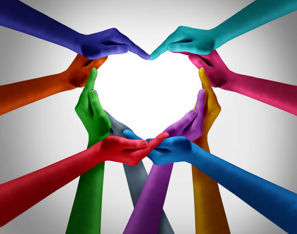 Diversity And Inclusion Diversity and inclusion as  a Heart shape made from diverse multicultural hands as a group of different people hands connected together shaped as a love symbol of social unity in a 3d illustration style. altruism stock pictures, royalty-free photos & images