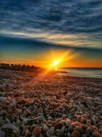 Shells and pebbles covering the beach at sunrise in Bay Head, NJ