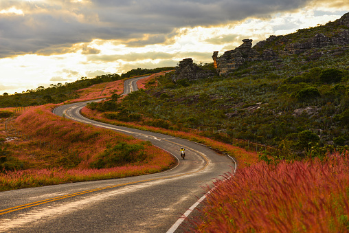 Late afternoon on the winding mountain road through the rugged landscape of the Serra do Espinhaço range, between the towns of Serro and Milho Verde, Minas Gerais, Brazil