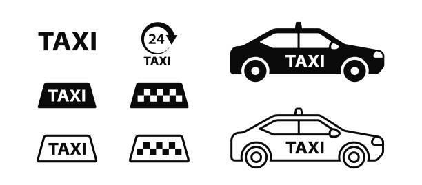 illustrazioni stock, clip art, cartoni animati e icone di tendenza di set di icone vettoriali per auto taxi - taxi