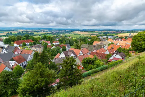 Beautiful view near town of Schieder-Schwalenberg in the state of North Rhine-Westphalia in Germany, landscape, cloudy sky