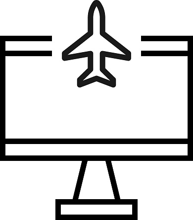 Monochrome sign drawn with black thin line. Perfect for internet resources, stores, books, shops, advertising. Vector icon of airplane inside of computer