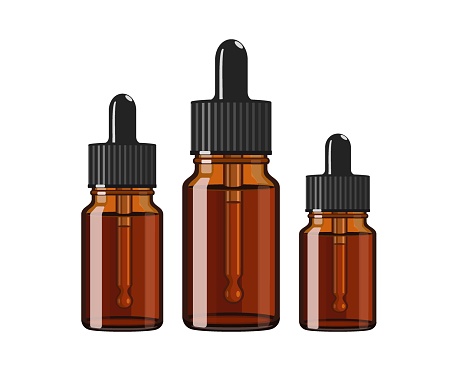 Three bottles of essential oil with pipette, made of brown glass, vector illustration on white background