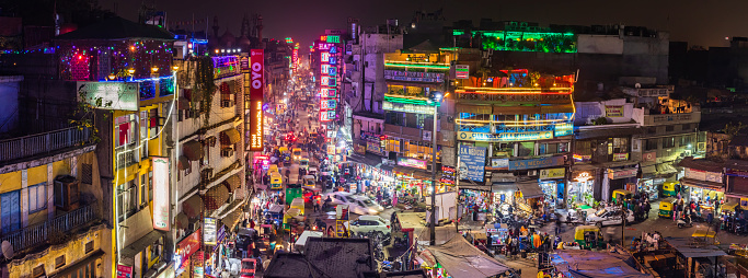 Main Bazar by night, Paharganj known for its concentration of hotels, lodges, restaurants, dhabas and a wide variety of shops catering to both domestic travellers and foreign tourists, especially backpackers and low-budget travellers.