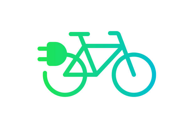 illustrations, cliparts, dessins animés et icônes de icône du vélo électrique. vélo électrique à câble dégradé vert et symbole de charge de prise. concept de panneau de véhicule électrocycle écologique. illustration vectorielle du transport de vélos électriques alimentés par batterie - electric bicycle