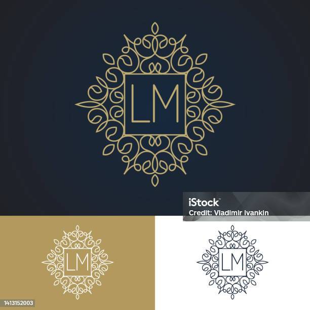 Main Line Monogram Monogram Logo Set Vintage Line Style Gold Color Stock Illustration ...