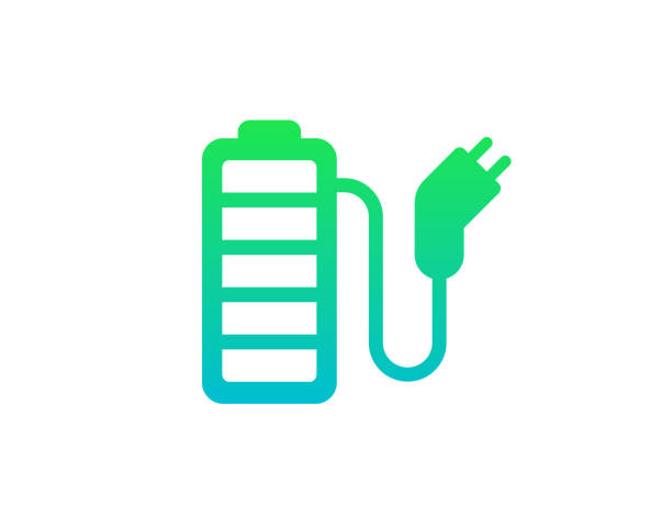 Rechargeable battery with cord and electric charging connector icon. Accumulator charger plug green gradient symbol. Electricity equipment power bank charge sign. Fully charged electro element. Eps Rechargeable battery with cord and electric charging connector icon. Accumulator charger plug green gradient symbol. Electricity equipment power bank charge sign. Fully charged electro element. Vector phone charging station icon stock illustrations