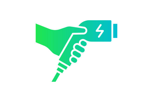 Hand holding electric charger connector green gradient icon. Electrical transportation charging plug symbol. Eco friendly electro vehicle charge sign. Eps battery powered EV transport station logo Hand holding electric charger connector green gradient icon. Electrical transportation charging plug symbol. Eco friendly electro vehicle charge sign. Vector battery powered EV transport station logo battery charger stock illustrations