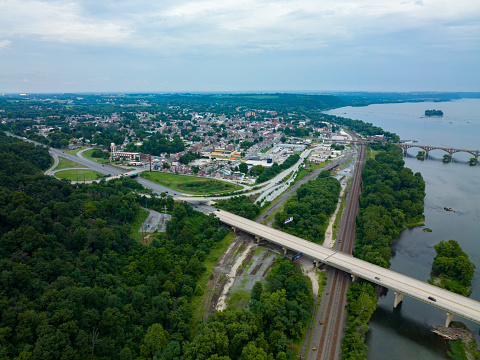 An aerial view of Columbia, Pennsylvania beside the Susquehanna River.