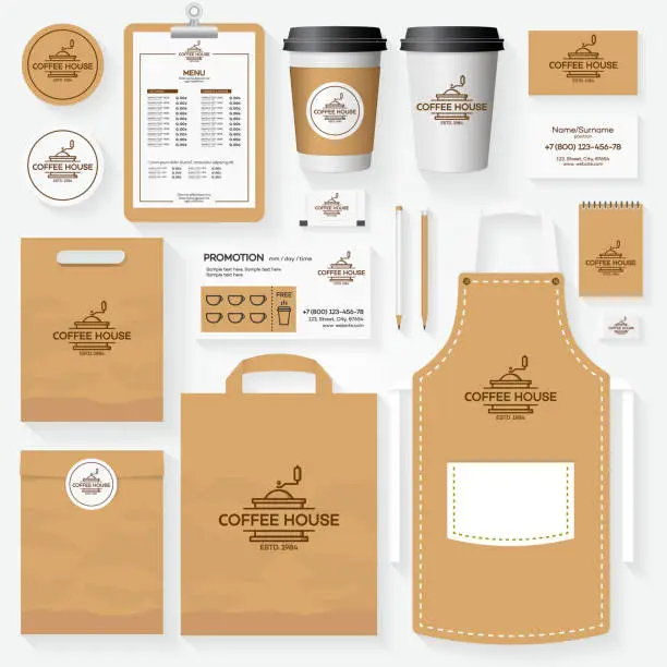Vector illustration of Coffee house corporate identity template set with coffee machine logo.