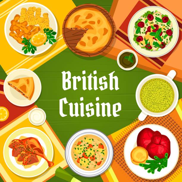 ilustrações de stock, clip art, desenhos animados e ícones de british cuisine restaurant dishes menu cover - yorkshire pudding