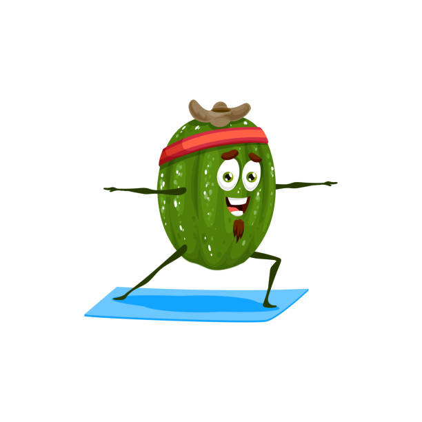 ilustraciones, imágenes clip art, dibujos animados e iconos de stock de guavasteen personaje de dibujos animados fitness yoga pilates - feijoo