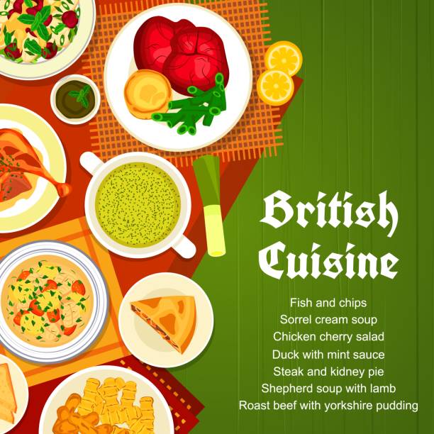 ilustrações de stock, clip art, desenhos animados e ícones de british cuisine restaurant meals menu cover - yorkshire pudding