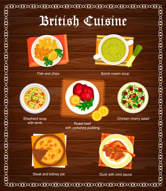 ilustraciones, imágenes clip art, dibujos animados e iconos de stock de plantilla vectorial de diseño de página de menú de cocina británica - yorkshire pudding