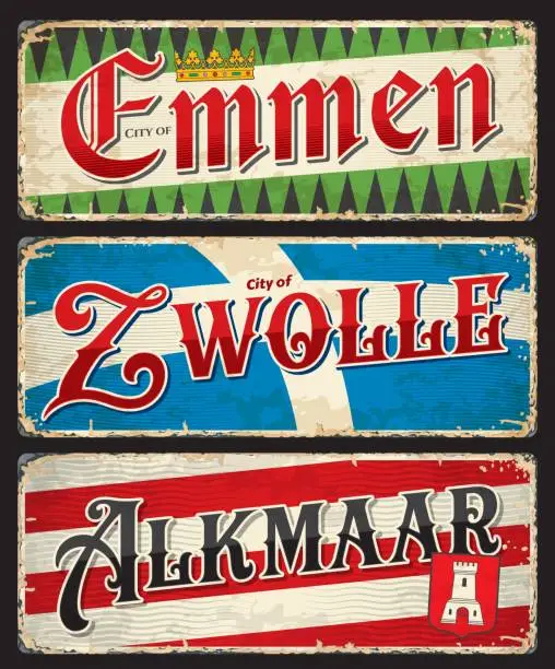 Vector illustration of Emmen, Zwolle, Alkmaar, Dutch city travel plates