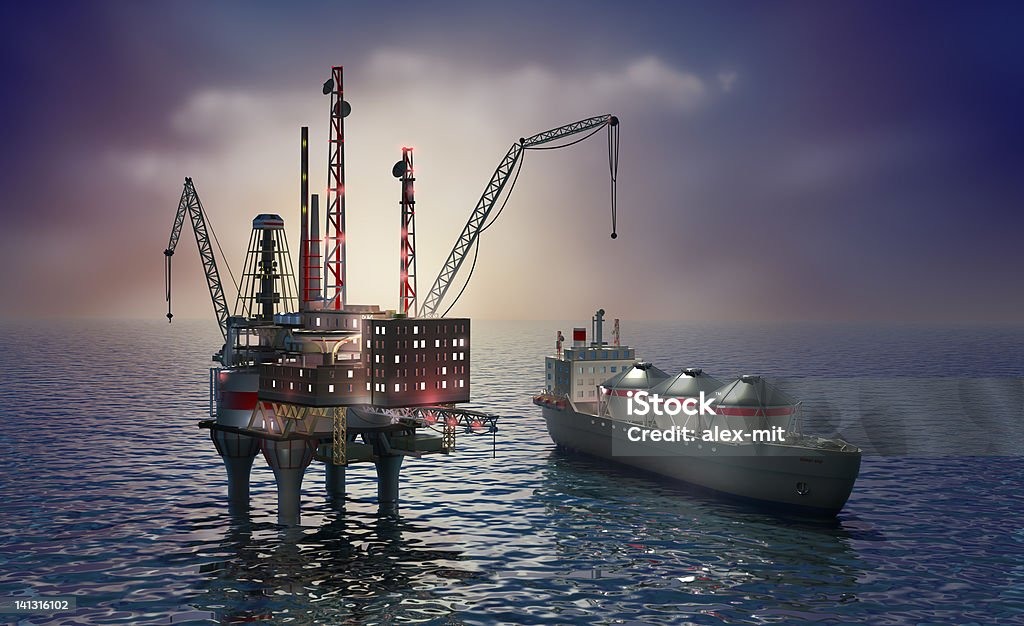 Сверление offshore платформа и Танкер - Стоковые фото Нефть роялти-фри