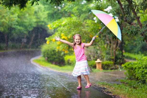 istock Kid with umbrella playing in summer rain. 1413161040