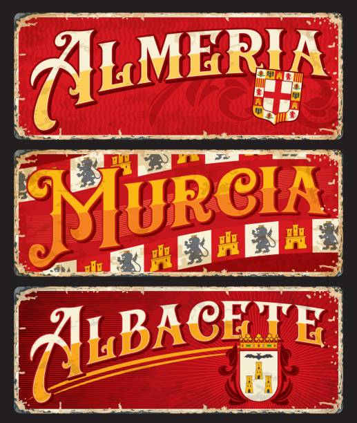 almeria, murcia, albacete spanish city plates - murcia stock illustrations