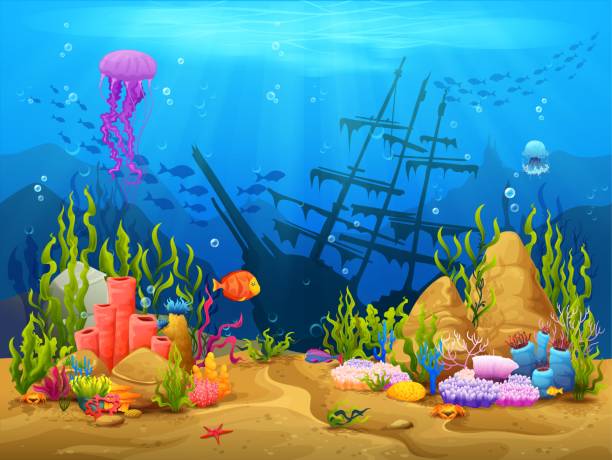 underwater game level landscape, coral, fish shoal - 水中 圖片 幅插畫檔、美工圖案、卡通及圖標