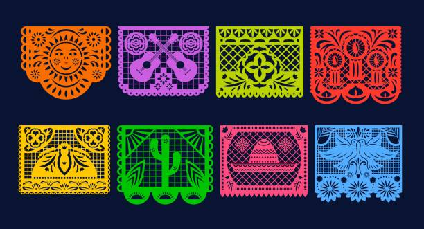 illustrazioni stock, clip art, cartoni animati e icone di tendenza di bandiere messicane papel picado papercut, set vettoriale - mexican culture cinco de mayo backgrounds sombrero