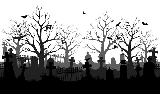 Old cemetery silhouette, abandoned graveyard in Halloween night, vector background. Scary spooky cemetery with graves, gravestones and tombstones with bats on trees and fog mist sky