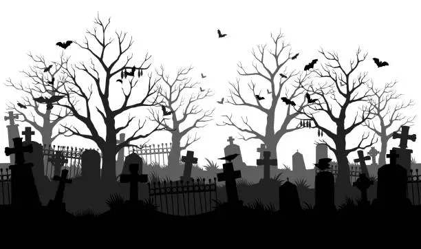 Vector illustration of Old cemetery silhouette, abandoned graveyard tombs