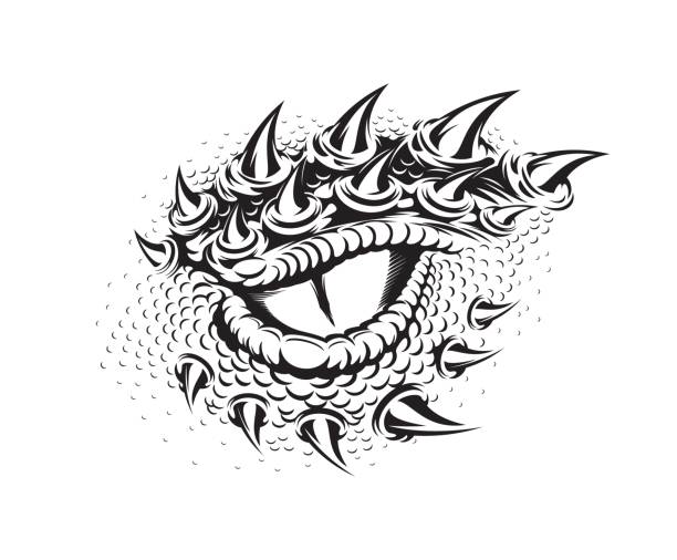 Dragon eye tattoo, dinosaur, snake or crocodile Dragon eye tattoo, dinosaur, snake or crocodile beast head, isolated vector. Dragon reptile or lizard monster and alligator eye with claws and scales on head, black white tribal art for tattoo design dragon tattoos stock illustrations
