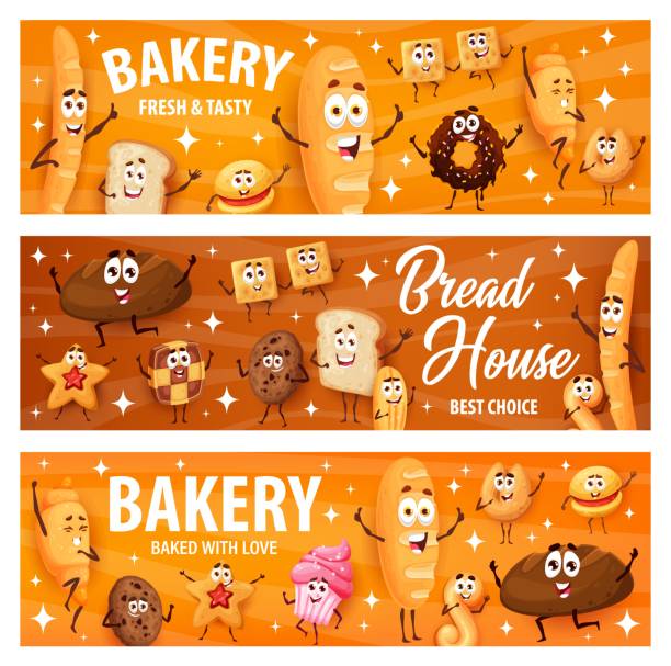 cartoon-brot-, bäckerei- und konditoreifiguren - shortbread stock-grafiken, -clipart, -cartoons und -symbole