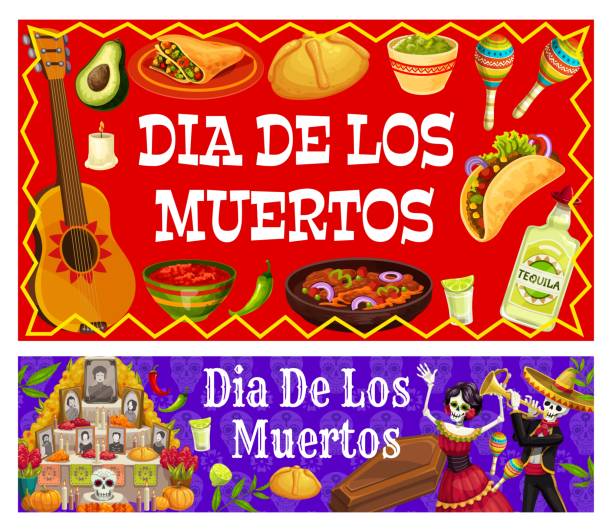 Ofrenda and food of Dia de los Muertos holiday Ofrenda and food of Dia de los Muertos Mexican holiday. Vector banners with day of dead altar photos, Catrina and mariachi skeleton musician personages, tex mex meals, calavera sugar skull and coffin religious offering stock illustrations