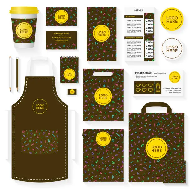 Vector illustration of Coffee house template set with memphis pattern