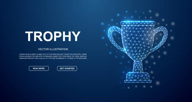 istock Trophy cup 3d low poly symbol with connected dots for blue landing page template. Champion design illustration concept. Polygonal Winner illustration 1413164682