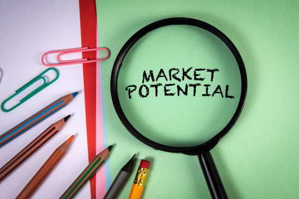 istock Market Potential concept. Magnifying glass and office objects on a green background 1413166670