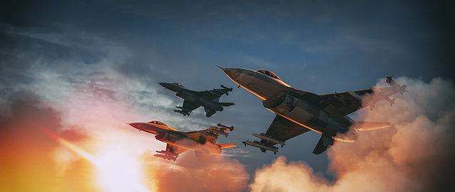Los aviones de combate están despegando para un ataque. photo