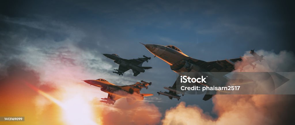 The fighter jets are taking off for an attack. The fighter jets are taking off for an attack. 3d render and illustration. Fighter Plane Stock Photo