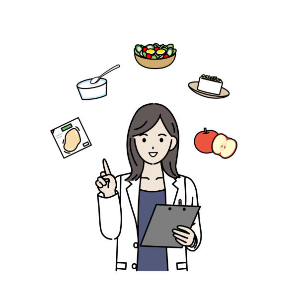 ilustrações, clipart, desenhos animados e ícones de médicos explicando alimentos dietéticos - white background healthy eating meal salad