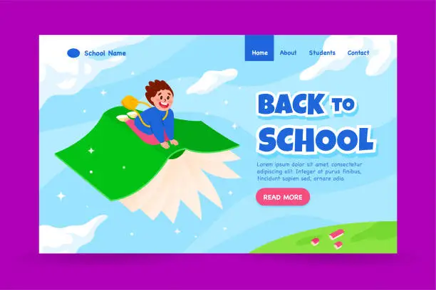 Vector illustration of Back to school landing page design template with a boy sits on a flying book in the air