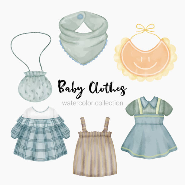 Set of beautiful separate parts of clothes, baby items and toy in watercolors Set of Separate parts and bring together to beautiful clothes, baby items and toy in water color style on white background, Watercolor vector illustration baby bib stock illustrations