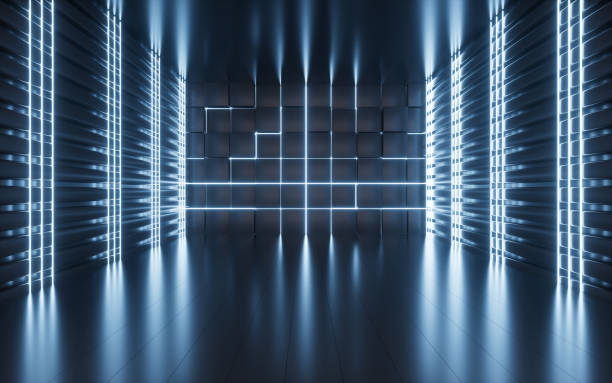 istock Glowing neon lines and randomly arranged cubes in the dark room, 3d rendering. 1413176767