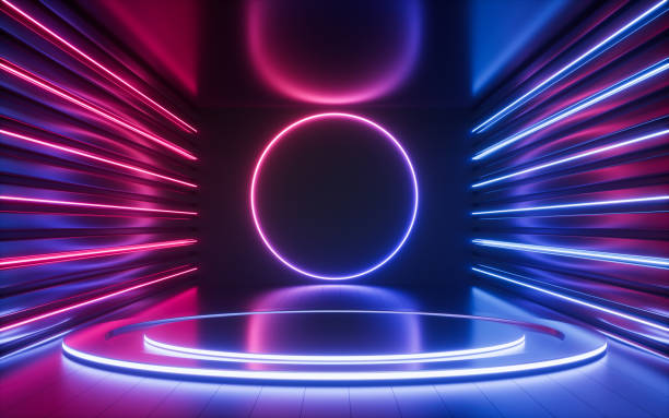 istock Empty stage and neon lines in the dark room, 3d rendering. 1413176771