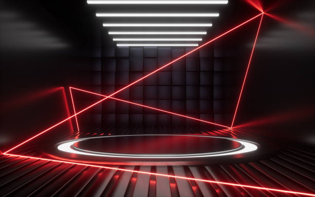 istock Empty stage and neon lines in the dark room, 3d rendering. 1413176772
