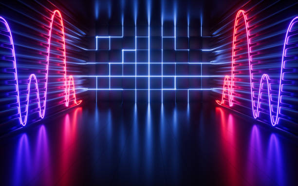 istock Glowing neon lines and randomly arranged cubes in the dark room, 3d rendering. 1413176775