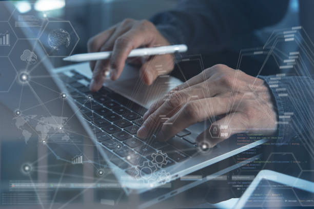 istock Business man working on laptop at office with digital diagram, personal data, financial graph interfaces and internet network technology icons 1413176961