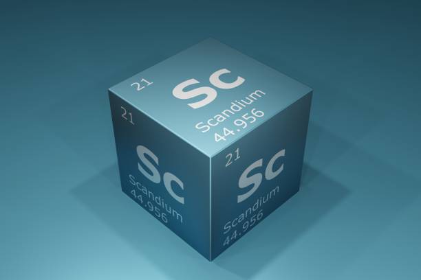 scandium, 3d rendering of symbols of the elements of the periodic table, atomic number, atomic weight, name and symbol. education, science and technology. 3d illustration - scandium imagens e fotografias de stock