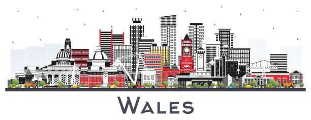 Vector illustration of Wales City Skyline with Gray Buildings Isolated on White.