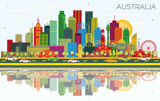 Vector illustration of Australia City Skyline with Color Buildings, Blue Sky and Reflections.